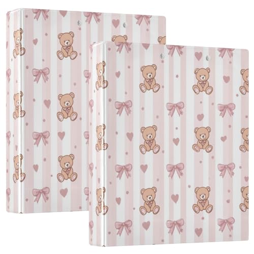 3 Ring Binder 1.5 Inch Binders Striped Teddy Bear Binder Organizer Fashion View Binders with 2 Pockets for Home School Office Supplies 2 Pack - size: one sizex2