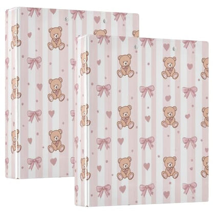 3 Ring Binder 1.5 Inch Binders Striped Teddy Bear Binder Organizer Fashion View Binders with 2 Pockets for Home School Office Supplies 2 Pack - size: one sizex2