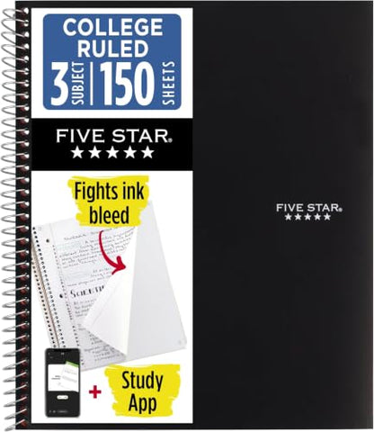 Five Star Spiral Notebook + Study App, 3 Subject, College Ruled Paper, Fights Ink Bleed, Water Resistant Cover, 8-1/2" x 11", 150 Sheets, Black (72069) (Pack of 6) - color: Black, size: 1 Count (Pack of 6)