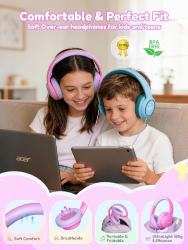 Acer Kids Headphones Wired for School - Over Ear Design, 85/94dB Safe Volume Limit, 3.5mm Jack Foldable Headphones for Toddler Boys Girls Classroom Yoto Player Chromebook Travel (Pink) - color: Pink
