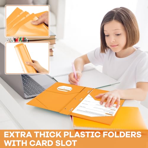 Henoyso 18 Pcs Plastic Folder with Clear Front Pocket and 3 Prong Plastic Folders with Card Slot Pocket Folders with Prongs for School Office (Orange) - color: Orange