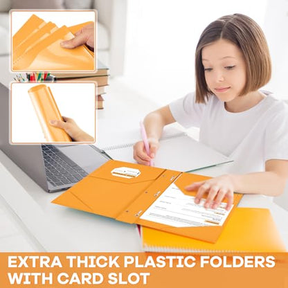 Henoyso 18 Pcs Plastic Folder with Clear Front Pocket and 3 Prong Plastic Folders with Card Slot Pocket Folders with Prongs for School Office (Orange) - color: Orange