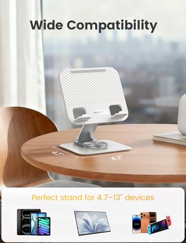 Lamicall Adjustable iPad Stand for Desk, Ultra-Slim Foldable, 360° Rotation | [Foldable Ultra-Slim][ 360°Rotation Base] Heavy-Duty Tablet Holder Stand for 4.7-13" iPad Pro Air Mini E-Reader Kindle Tabs - color: White
