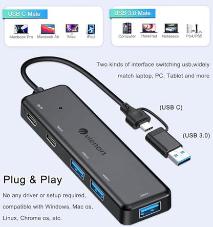 VIENON USB 3.0 Hub (5 in 1), USB C Hub, USB C to USB 3.0 Hub Adapter with USB C Power/Data Ports, USB Extender USB A&C Docking Station for Laptop PC MacBook Dell, HP, PS4/5, SSD and More