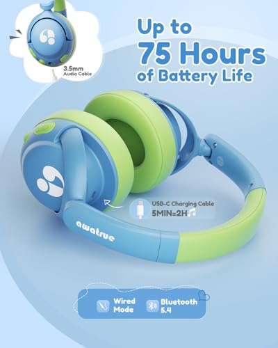 awatrue Kids Bluetooth Headphones, 85dB Volume Limiter, Foldable Wireless Over-Ear Headphones for iPad, Travel, 75H Playtime, Bluetooth 5.4, Built-in Mic, Blue Green - color: Blue-Green