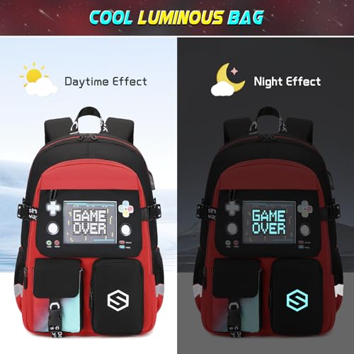 Scothen Boys Backpack, Cool Luminous School Backpacks for Boys with Lunch Bag Pencil Case, Kids Backpack Kindergarten Elementary Middle School Book Bags for Teen Boy Children with USB Charging Port - color: Red