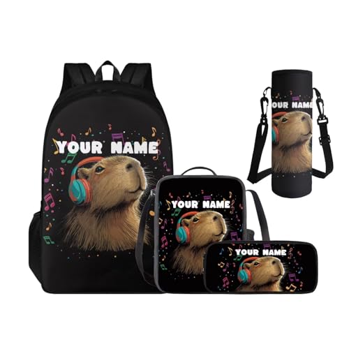 Cool Capybara Backpack for boys Back to School, Personalized Backpacks for 2nd Grade Kids Custom Name Lunch Box Pencil Case and Water Bottle Holder 4 PCS Set Bookbag Accessories Sets - color: Headphone Capybara-custom
