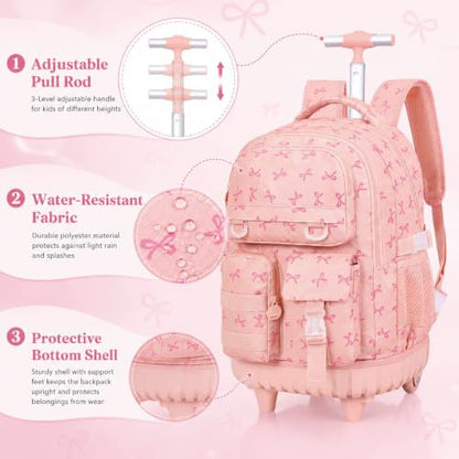 CCJPX 3Pcs Rolling Backpack for Girls, Roller Wheeled School Bookbag, Bow Wheels Backpacks with Lunch Box for Kids (Pink) - color: Bow Pink