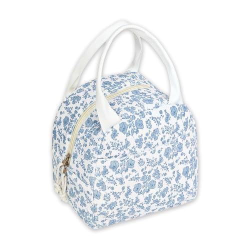 Lunch Box for Women, Reusable Insulated Lunch Box Floral Tote Bags Corduroy Totes for Women Office Work Travel Picnic - color: Corduroy Blue Flowers