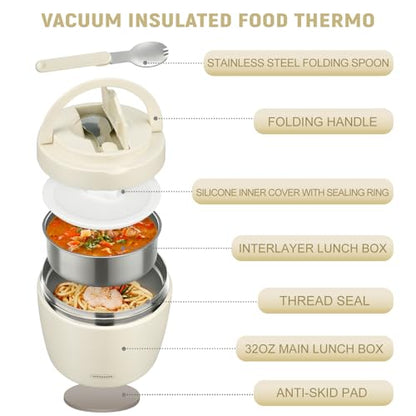 wiwens Thermo Food Jar for Hot Food Adults 32OZ Soup Thermo Lunch Containers Wide Mouth Vacuum Insulated Stainless Steel Leakproof Bento Box with Spoon (Beige) - color: Beige