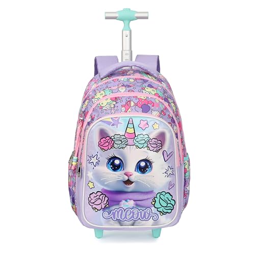 Cartoon Rolling Backpack for Boys Girls, Kids 5 Pcs Wheeled Backpack, Travel Backpack for Elementary Students (Cat Purple) - color: Cat Purple