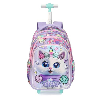 Cartoon Rolling Backpack for Boys Girls, Kids 5 Pcs Wheeled Backpack, Travel Backpack for Elementary Students (Cat Purple) - color: Cat Purple