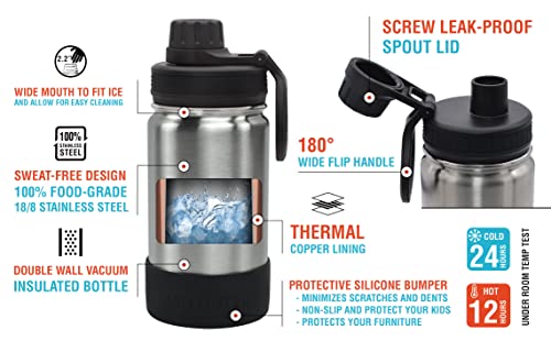 CHILLOUT LIFE 12oz Kids Insulated Stainless Steel Water Bottle with Leak Proof Spout Lid & 144 Stickers - color: Stainless Steel, style: 12 oz