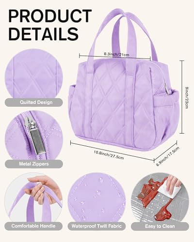 Quilted Puffer Lunch Bag for Women, Insulated Lunch Tote with Foil Lining, Leak-Resistant Reusable Lunch Cooler Bag, Roomy Soft Lunch Box for Work, School, Picnic and Travel (Purple) - color: Purple