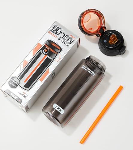 TKK Sports Water Bottle with Straw & Build-in Carrying Handle, Spill-Proof 2-in 1 Lid, 20 oz Plastic Bottles, Dishwasher Safe, Leak-Proof Locking Lid for Kids, Outdoor, School Backpack, Black - color: Black