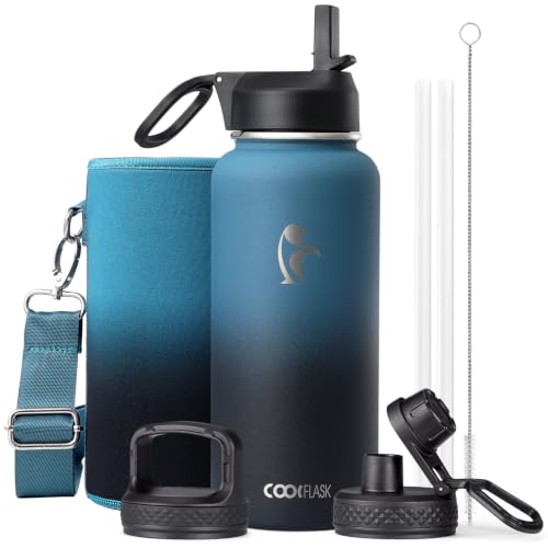 Water Bottle 32 oz Insulated with Straw, Coolflask Stainless Steel Metal 3 Lids Water Flask Wide Mouth for Sports or Office, Non-BPA Keep Cold Up to 48 Hrs or Hot Up to 24 Hrs, Samurai Cyan - color: Samurai Cyan, size: 32 Ounces