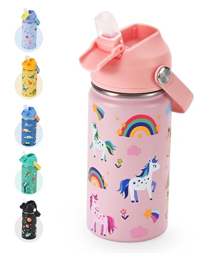 Kids Water Bottle 14oz, Insulated Toddler Water Bottle Stainless Steel | Keeps Cold 24H, Silicone Straw Lid, Leak Proof & Unicorn Rainbow Prints, Custom Name Tag for Girls, School, Daycare, Travel - color: Unicorn Field