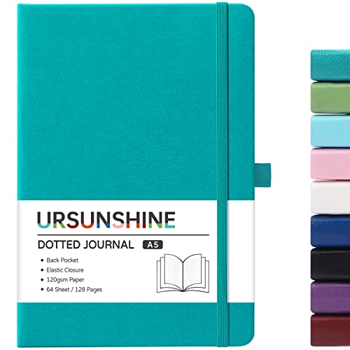 Dotted Journal/Notebook - Dot Grid Hard Cover Notebook, Premium Thick Paper with Fine Inner Pocket, Black Smooth Faux Leather, Pen Loop, 5.3'' x 8.26'' - Cyan - color: Cyan, size: Dotted