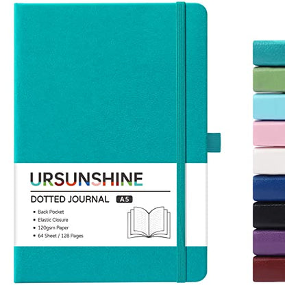 Dotted Journal/Notebook - Dot Grid Hard Cover Notebook, Premium Thick Paper with Fine Inner Pocket, Black Smooth Faux Leather, Pen Loop, 5.3'' x 8.26'' - Cyan - color: Cyan, size: Dotted