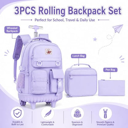 CCJPX Rolling Backpack for Girls Women, 21 inch Roller Wheels School Bookbag, Wheeled Suitcase Backpacks with Lunch Bag for Teen - Purple - color: Purple