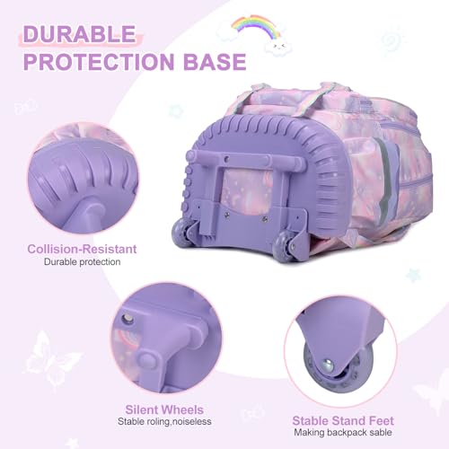 Scothen Rolling Backpack for Girls, 3PCS Roller School Backpacks for Girls with Lunch Bag and Pencil Pouch, Kids Bookbag Schoolbag with Wheels for Teen Girl Kindergarten Elementary Middle School - color: Purple