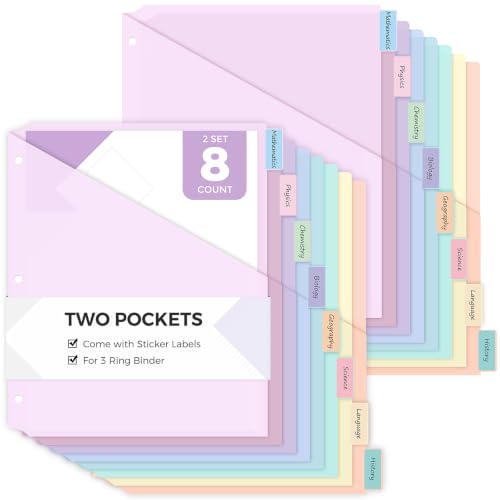 SKYDUE Binder Dividers with Pockets, 8 Tab Dividers for 3 Ring Binder, Letter Size Plastic Pocket Dividers with Writable Labels, Binder Organizer for School, Office, Home - color: Purple, size: 2 SETS