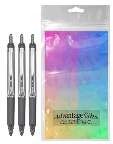Precise V5 RT Retractable Rolling Ball Pens, Extra Fine Point (.5mm), Black Ink, 3-pk; Premium Comfort Grip, Bundle with Plastic Reusable Pouch - color: Black, size: 3 Count (Pack of 1)