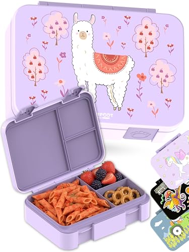 BEARFOOT Kids Lunch Box with Compartments – Compact & Lightweight | Leak-Proof, BPA-Free, Dishwasher Safe | Hand-Drawn Design for Preschool, School, Travel (Llama Purple, 4 Cups) | BPA Free Leakproof Lunch Box with Compartments School & Nursery for Girls