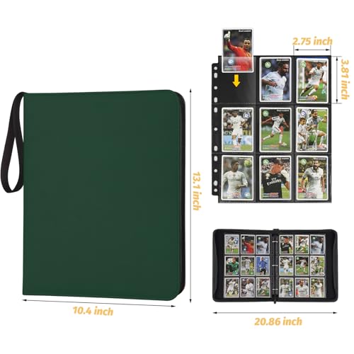 GERMUN 3 Ring 9 Pocket Zipper Card Binder, 720 Double Sided Standard PU Trading Card Album Folder for TCG & Sports Cards, Not Fit Top Loaders (Dark Green) - color: 9 Pocket 720 Dark Green