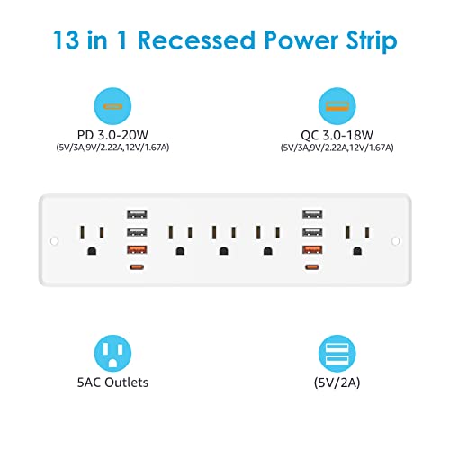 HHSOET 13 in 1 Recessed Power Strip Flat Plug, Fast Charging Desk Outlet with USB, Conference Recessed Power Outlet Socket with 5 AC Plugs, 6 USB Ports 2 USB-C, 6ft Power Cord. (White)