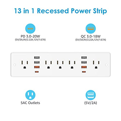 HHSOET 13 in 1 Recessed Power Strip Flat Plug, Fast Charging Desk Outlet with USB, Conference Recessed Power Outlet Socket with 5 AC Plugs, 6 USB Ports 2 USB-C, 6ft Power Cord. (White)
