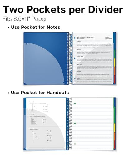 Dunwell 5-Subject Spiral Notebook, College Ruled (Blue), Colorful Movable Pocket Dividers with Tabs, Front/Back Plastic Covers, 200 Sheets (400 Pages) of 3-Hole Punch Perforated 8.5x11 Paper - color: Blue