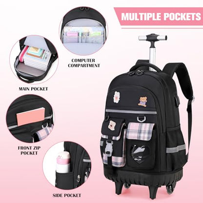 ACESAK Rolling Backpack for Girls - Roller Wheels School Bookbag with Lunch Bag & Pencil Pouch for Teen Girls Kids Wheeled Suitcase Backpacks, Elementary Middle School Travel Daypack (Black) - color: Black