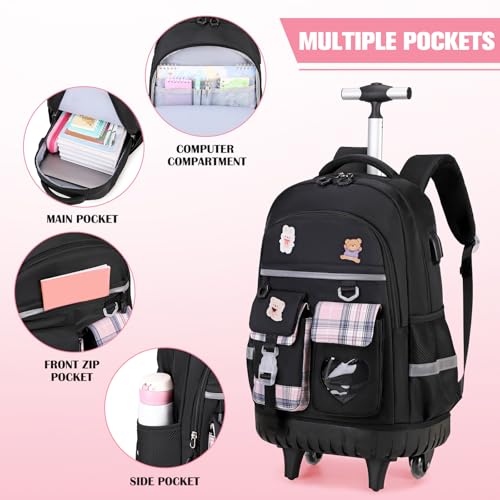 ACESAK Rolling Backpack for Girls - Roller Wheels School Bookbag with Lunch Bag & Pencil Pouch for Teen Girls Kids Wheeled Suitcase Backpacks, Elementary Middle School Travel Daypack (Black) - color: Black