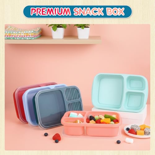 Honeydak 5 Pack Snack Containers 3 Compartment Bento Snack Boxes Divided Meal Prep Containers with Lids Reusable Adults Lunch Food Storage Box for School Work Travel (Red Blue Green) - color: Red Blue Green
