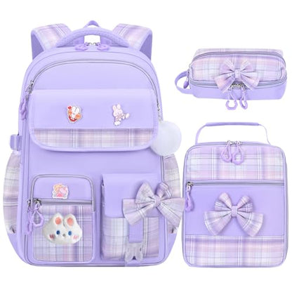 NSEQB Girls Backpack,Kids School Backpack With Lunch Box Pencil Case Set,Cute Childrens Schoolbag For Girls - color: Purple-3PCS