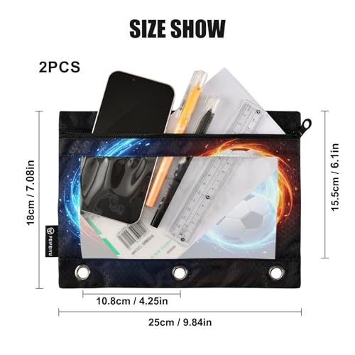 Soccer Ball Black Pencil Pouch for 3 Ring Binder 2 Pcs Pockets Pencil Pouches Bag with Clear Pencil Case Cosmetic Bag for Storing College Office Supplies - color: Soccer Ball Black
