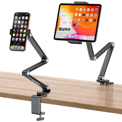 OMOTON GH03 Tablet Holder with 2 ABS Clamps, Aluminum Long Arm Mount, Black | C-Clamp Base with 360°Rotation Fits Desk, Bed, Side Cabinet, Kitchen, Adjustable Tablet Stand for 4-13" iPad Pro/iPhone - color: Black
