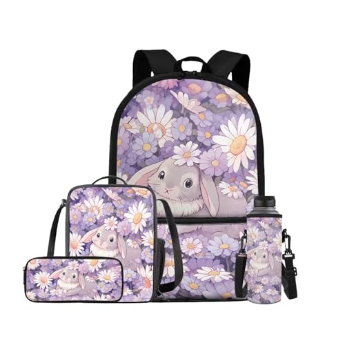 Daisy Bunny Backpack for Girls Kids Backpack with Lunch Box Water Bottle Holder with Strap and Pencil Case 4PCS Set Bookbag with Front Pocket for School Teens 17 inch Lightweight School Bag - color: Cute Bunny and Daisy Floral