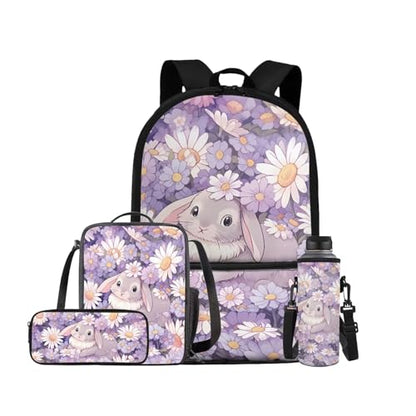 Daisy Bunny Backpack for Girls Kids Backpack with Lunch Box Water Bottle Holder with Strap and Pencil Case 4PCS Set Bookbag with Front Pocket for School Teens 17 inch Lightweight School Bag - color: Cute Bunny and Daisy Floral
