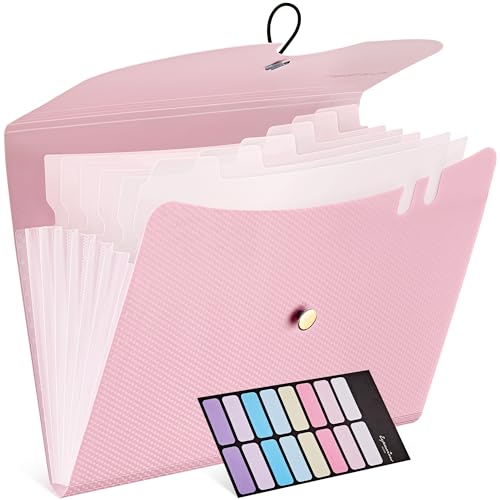 JARLINK 7 Pockets Expanding File Folder, A4 Size Accordion File Folders with 12 Labels, Cute Paper Organizer, Portable Document Organizer for Home College School Office Supplies, Macaron Pink - color: Macaron Pink