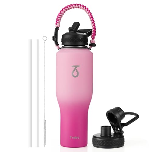 Trebo 40 oz Water Bottle Insulated Fit in Any Car Cup Holder with 2 Lids, | Stainless Steel T-shape Tumbler with Paracord Handle, Triple Wall Vacuum Copper Plated, Cold 48 Hrs for Travel, Wide Mouth - color: Gradient Pink, size: 40 Ounces