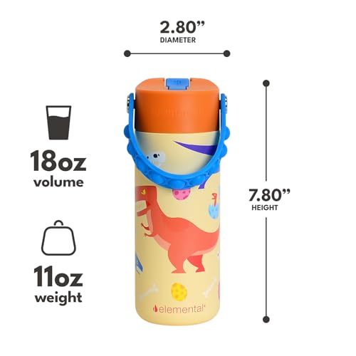 Elemental Insulated Kids Water Bottle, Stainless Steel Water Bottle with Straw Lid & Pop-It Handle, Leak-Proof Water Bottles for School, Boys or Girls, Travelling and Sports, 18oz - Dino Rage - color: Dino Rage