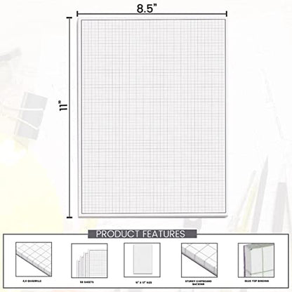Performore Graph Paper Pad Set 2-Pack 8.5" x 11" White 4x4 Quad Ruled Notepads 50 Double-Sided Sheets per PadEasy-Tear Glue-Top Sheets for Math, Engineering & Classroom Use - size: 8.5" x 11" - 2 Pack