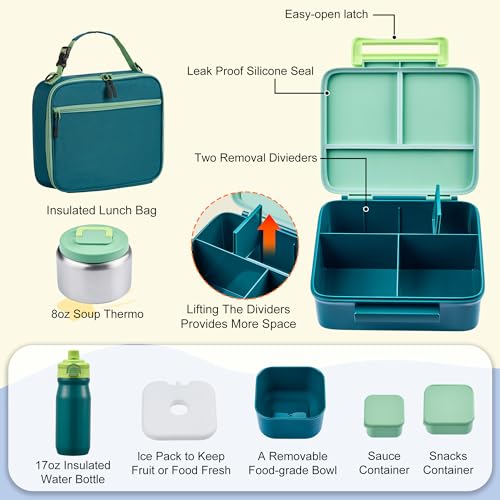 Bento Lunch Box for Kids with Thermos, Leakproof Bento Box with 8oz Insulated Food Jar, Insulated Bottle, Lunch Bag, BPA Free Dishwasher Safe 4 Compartment Container for School Girls Boys (Green)