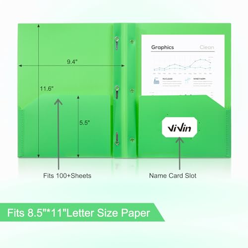 ViVin Sturdy Plastic Folder with Pockets,6 Pack,Heavy Duty Two Pocket 3 Prong Folders,Holds Letter Size Paper,File Folders with Business Card Slot for School Home and Office(Green) - color: Green, size: 6 PACK