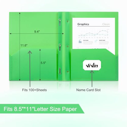 ViVin Sturdy Plastic Folder with Pockets,6 Pack,Heavy Duty Two Pocket 3 Prong Folders,Holds Letter Size Paper,File Folders with Business Card Slot for School Home and Office(Green) - color: Green, size: 6 PACK
