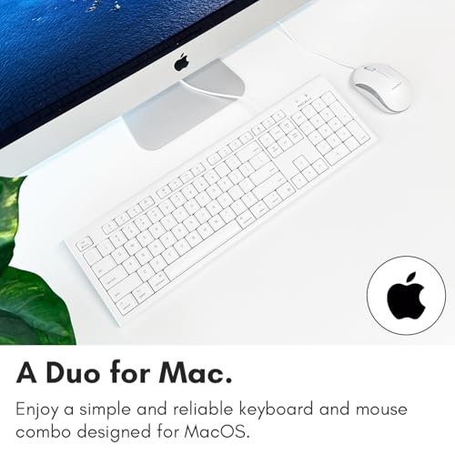 Macally Full Size USB Wired Mac Keyboard and Mouse Combo - Compatible Ergonomic Apple Keyboard and Mouse with Shortcuts and Number Keypad for Mac mini Pro, iMac Computer, MacBook Pro Air Laptops