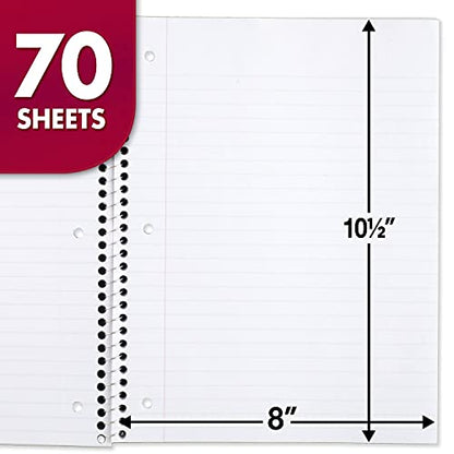 Mead Spiral Notebook, 24 Pack, 1 Subject, Wide Ruled Paper, 7-1/2" x 10-1/2", 70 Sheets per Notebook, Colors Will Vary (930203-ECM25) - size: Pack of 24