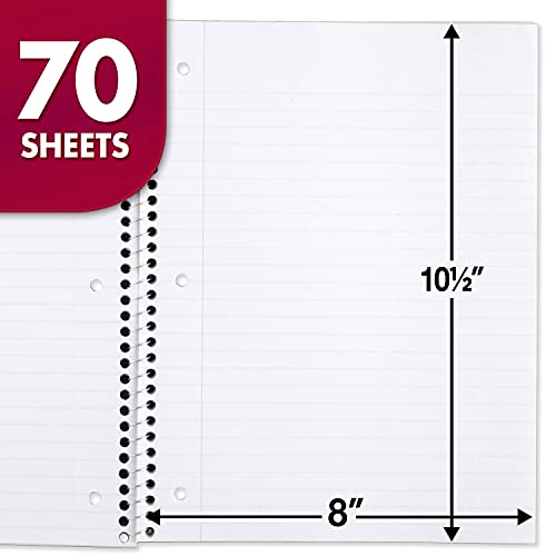Mead Spiral Notebook, 12 Pack, 1 Subject, Wide Ruled Paper, 7-1/2" x 10-1/2", 70 Sheets per Notebook, Colors Will Vary (930202-ECM25) - size: Pack of 12